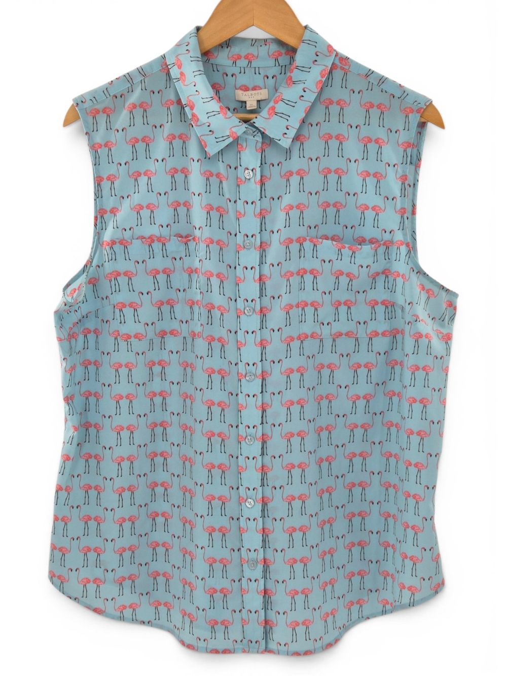 Talbots XL Blue Sleeveless Button-Up Blouse with Pink Flamingo Print